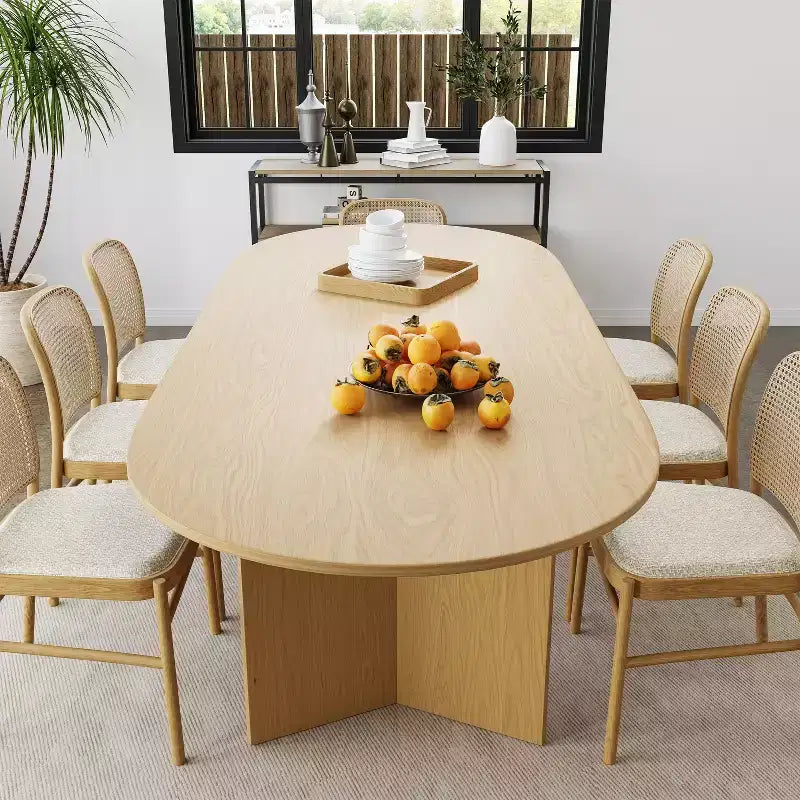 Grande table à manger ovale jaune style ferme de 79 po pour 6 à 8 personnes avec pieds en V pour salle à manger et salon