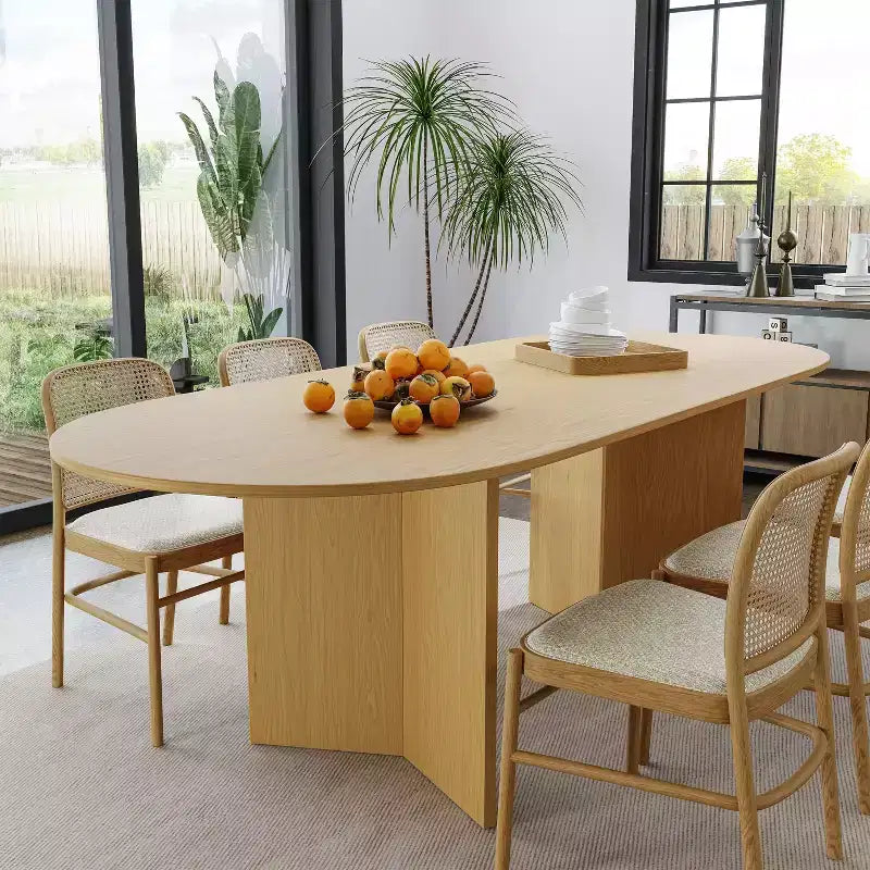 Grande table à manger ovale jaune style ferme de 79 po pour 6 à 8 personnes avec pieds en V pour salle à manger et salon
