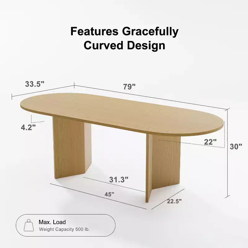 Grande table à manger ovale jaune style ferme de 79 po pour 6 à 8 personnes avec pieds en V pour salle à manger et salon