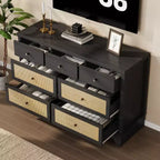Buffet à 7 Tiroirs Accents Rotin Noir Meuble d'Appoint en Bois Rangement pour Salon Entrée Organiseur Moderne