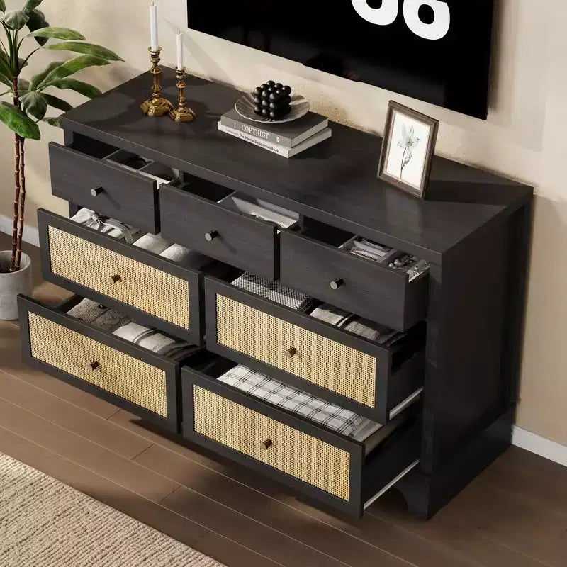 Buffet à 7 Tiroirs Accents Rotin Noir Meuble d'Appoint en Bois Rangement pour Salon Entrée Organiseur Moderne