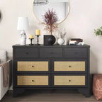 Buffet à 7 Tiroirs Accents Rotin Noir Meuble d'Appoint en Bois Rangement pour Salon Entrée Organiseur Moderne