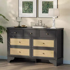 Buffet à 7 Tiroirs Accents Rotin Noir Meuble d'Appoint en Bois Rangement pour Salon Entrée Organiseur Moderne