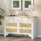 Buffet à 7 Tiroirs Accents Rotin Noir Meuble d'Appoint en Bois Rangement pour Salon Entrée Organiseur Moderne
