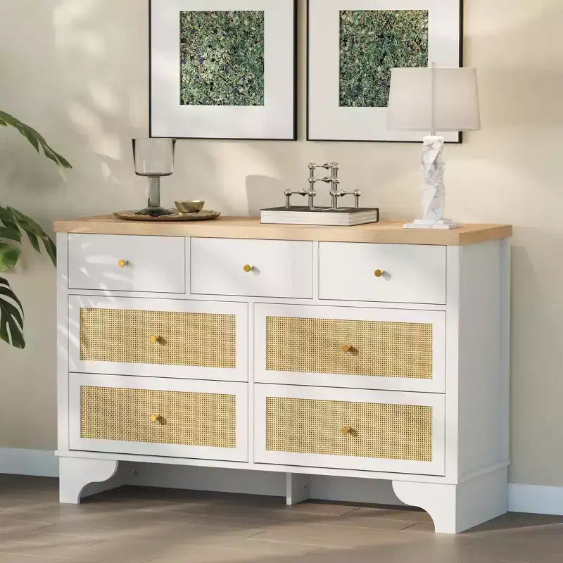Buffet à 7 Tiroirs Accents Rotin Noir Meuble d'Appoint en Bois Rangement pour Salon Entrée Organiseur Moderne