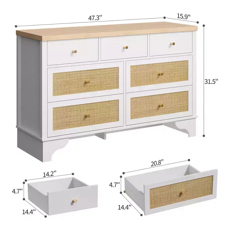 Buffet à 7 Tiroirs Accents Rotin Noir Meuble d'Appoint en Bois Rangement pour Salon Entrée Organiseur Moderne