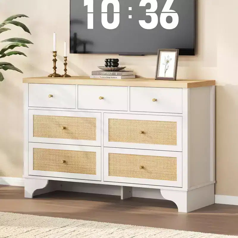 Buffet à 7 Tiroirs Accents Rotin Noir Meuble d'Appoint en Bois Rangement pour Salon Entrée Organiseur Moderne