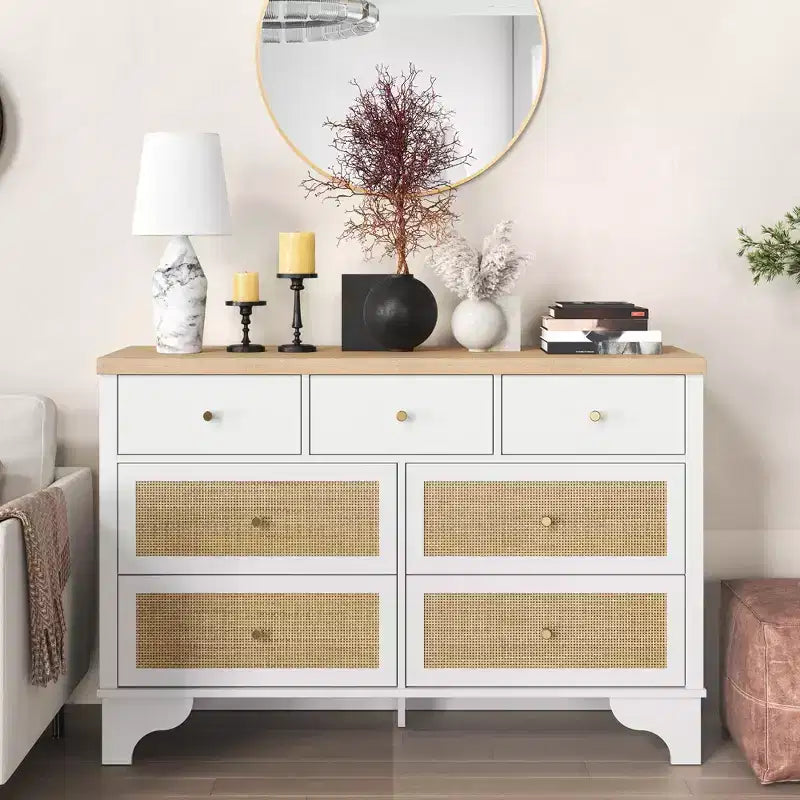 Buffet à 7 Tiroirs Accents Rotin Noir Meuble d'Appoint en Bois Rangement pour Salon Entrée Organiseur Moderne