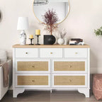 Buffet à 7 Tiroirs Accents Rotin Noir Meuble d'Appoint en Bois Rangement pour Salon Entrée Organiseur Moderne