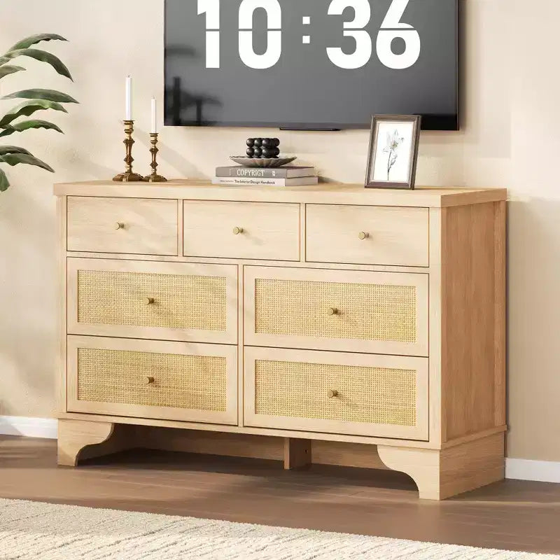 Buffet à 7 Tiroirs Accents Rotin Noir Meuble d'Appoint en Bois Rangement pour Salon Entrée Organiseur Moderne