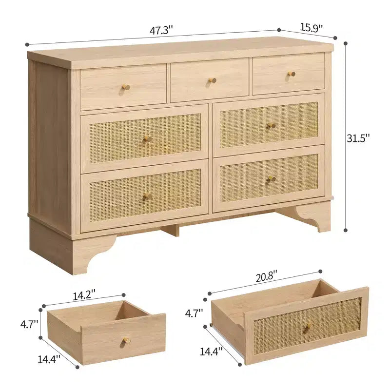 Buffet à 7 Tiroirs Accents Rotin Noir Meuble d'Appoint en Bois Rangement pour Salon Entrée Organiseur Moderne