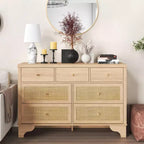 Buffet à 7 Tiroirs Accents Rotin Noir Meuble d'Appoint en Bois Rangement pour Salon Entrée Organiseur Moderne