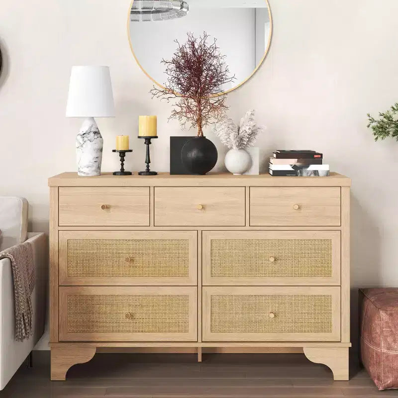 Buffet à 7 Tiroirs Accents Rotin Noir Meuble d'Appoint en Bois Rangement pour Salon Entrée Organiseur Moderne