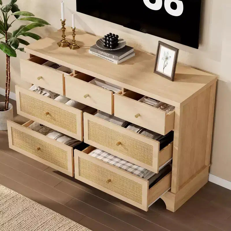 Buffet à 7 Tiroirs Accents Rotin Noir Meuble d'Appoint en Bois Rangement pour Salon Entrée Organiseur Moderne