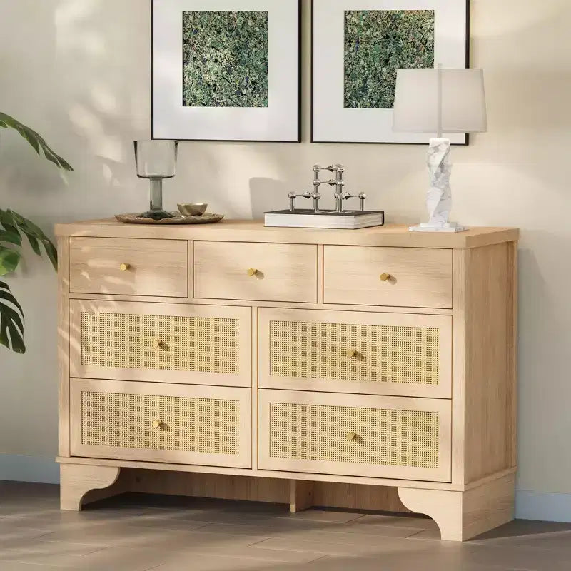 Buffet à 7 Tiroirs Accents Rotin Noir Meuble d'Appoint en Bois Rangement pour Salon Entrée Organiseur Moderne