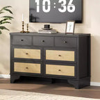 Buffet à 7 Tiroirs Accents Rotin Noir Meuble d'Appoint en Bois Rangement pour Salon Entrée Organiseur Moderne
