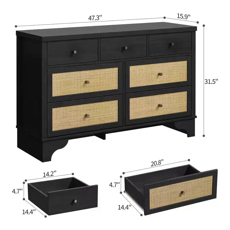 Buffet à 7 Tiroirs Accents Rotin Noir Meuble d'Appoint en Bois Rangement pour Salon Entrée Organiseur Moderne