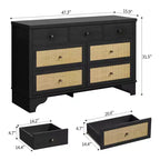 Buffet à 7 Tiroirs Accents Rotin Noir Meuble d'Appoint en Bois Rangement pour Salon Entrée Organiseur Moderne