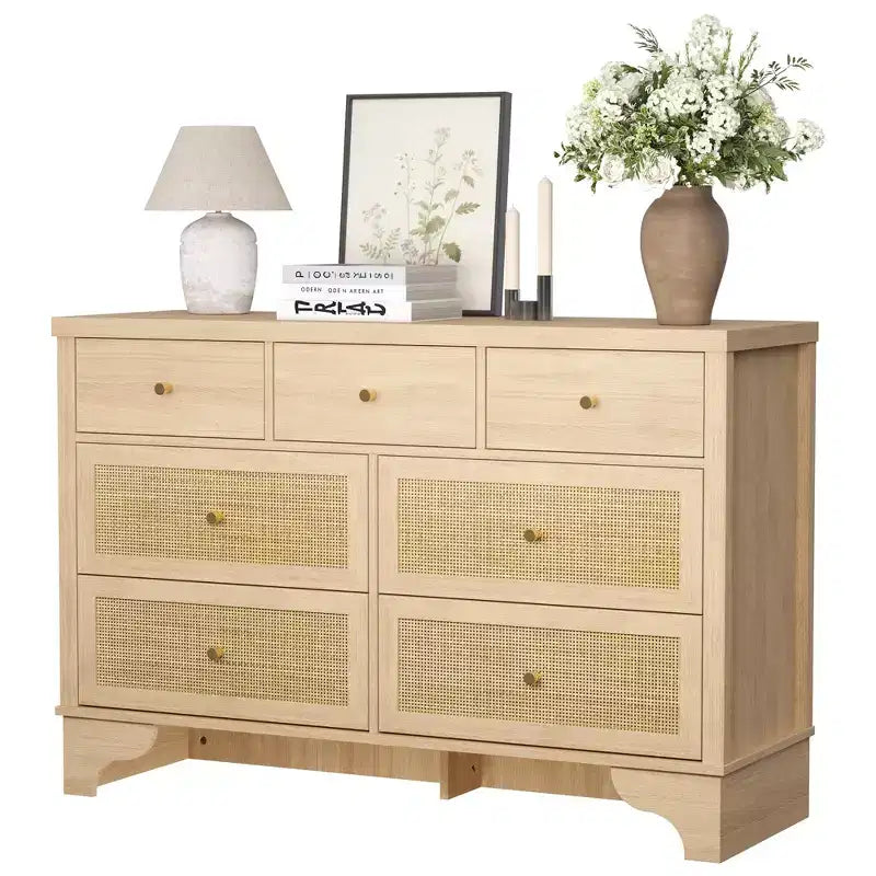 7-Drawer Buffet Cabinet Black Rattan Accents Wooden Sideboard Storage for Living Room Entryway Modern Organizer