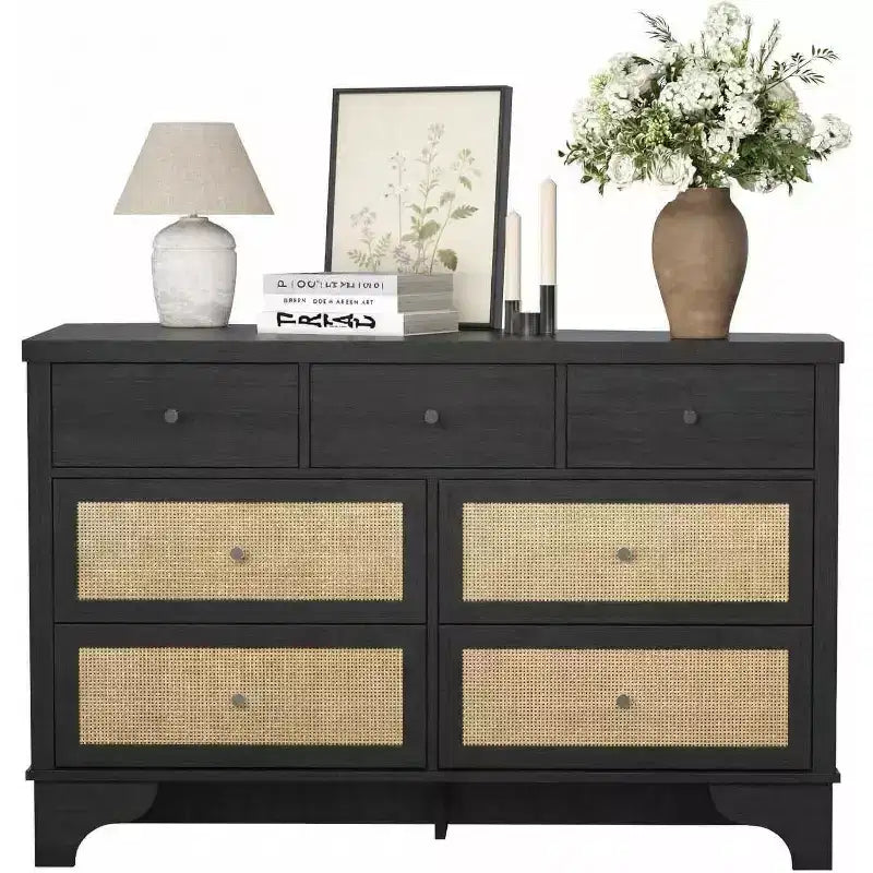 Buffet à 7 Tiroirs Accents Rotin Noir Meuble d'Appoint en Bois Rangement pour Salon Entrée Organiseur Moderne