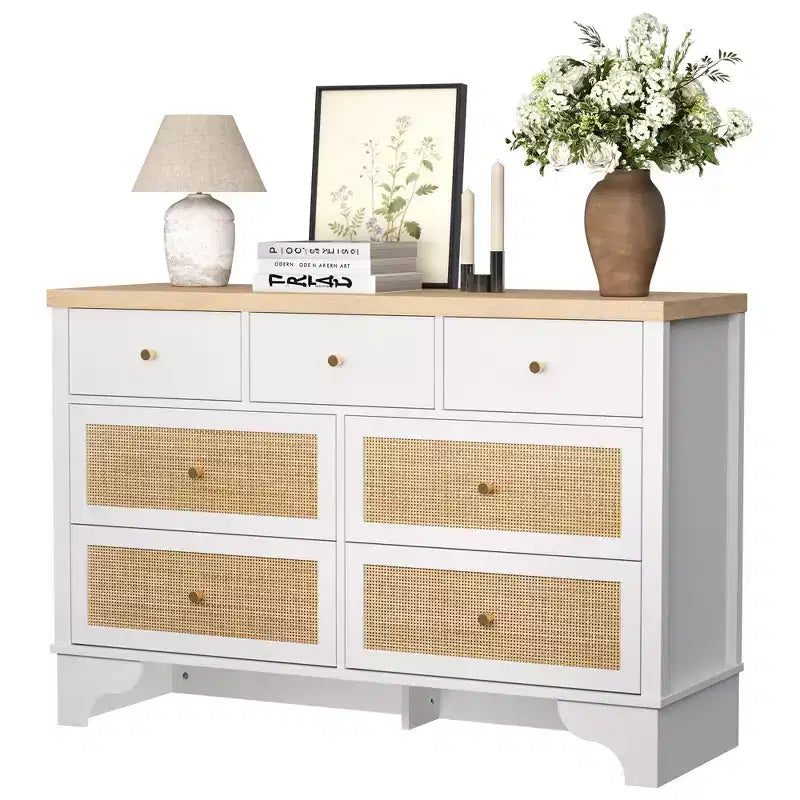 Buffet à 7 Tiroirs Accents Rotin Noir Meuble d'Appoint en Bois Rangement pour Salon Entrée Organiseur Moderne