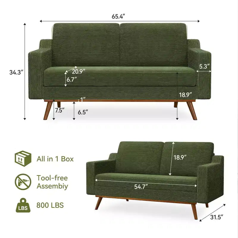 65.4 Canapé Deux Places Confortable pour Salon, Petit Canapé Moderne du Milieu du Siècle avec Coussins à Ressorts, Cadre en Bois Massif, Assemblage Sans Outil