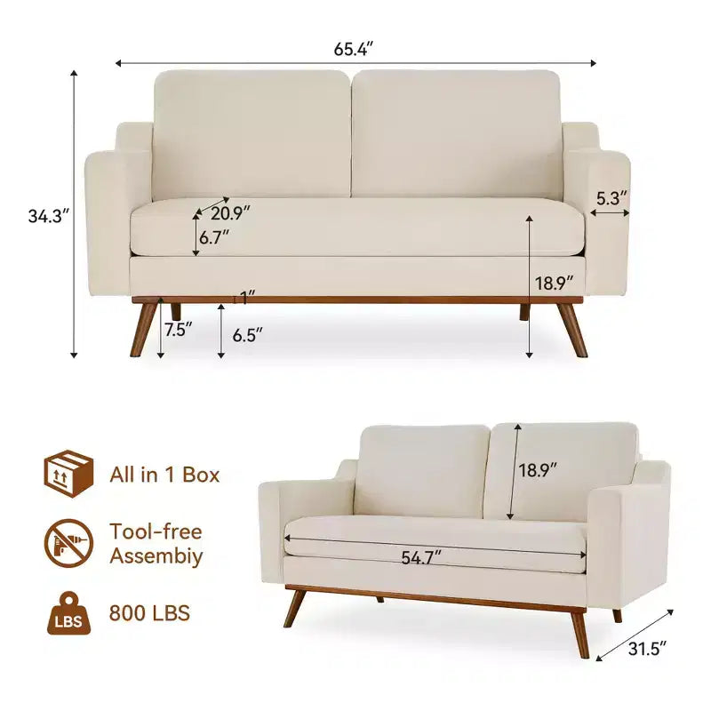 65.4 Canapé Deux Places Confortable pour Salon, Petit Canapé Moderne du Milieu du Siècle avec Coussins à Ressorts, Cadre en Bois Massif, Assemblage Sans Outil