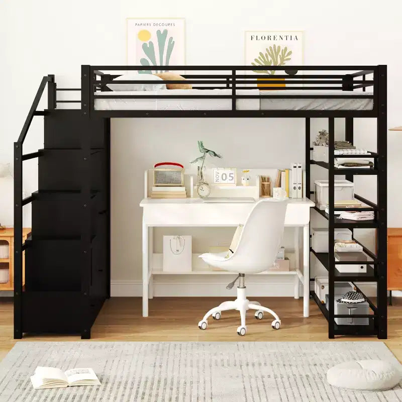Bellemave Full Loft Bed with Storage Shelves and Cabinets ,Metal Loft Bed Frame with Storage Stairs and Wardrobe for Teens and Adults,Black
