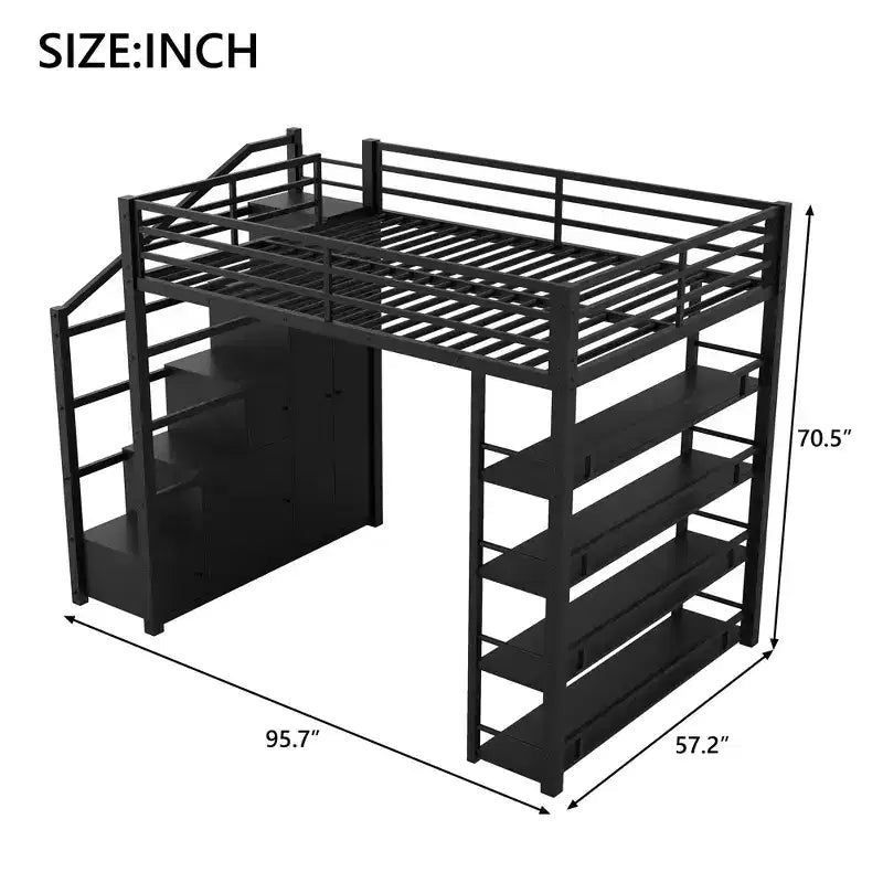Lit mezzanine double avec étagères de rangement et armoires, cadre de lit mezzanine en métal avec escalier de rangement et armoire pour adolescents et adultes, noir