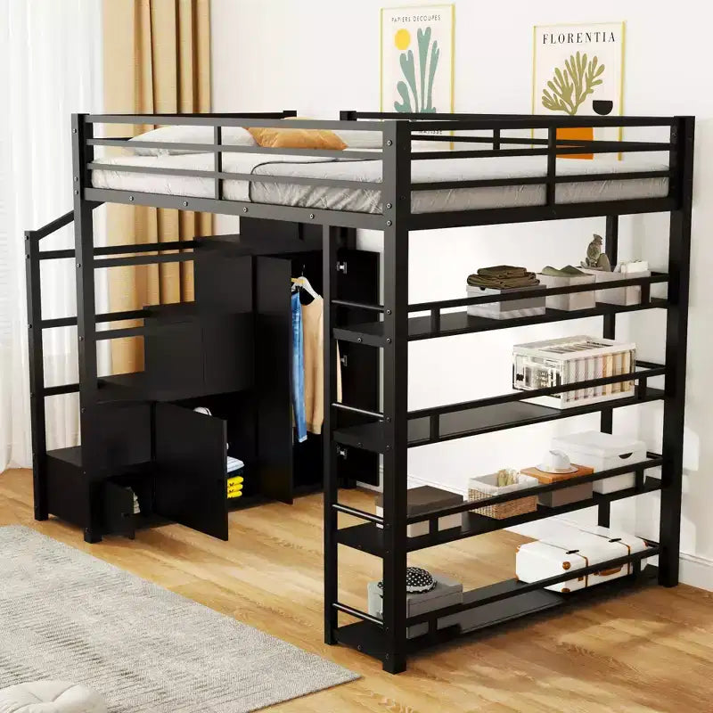 Lit mezzanine double avec étagères de rangement et armoires, cadre de lit mezzanine en métal avec escalier de rangement et armoire pour adolescents et adultes, noir