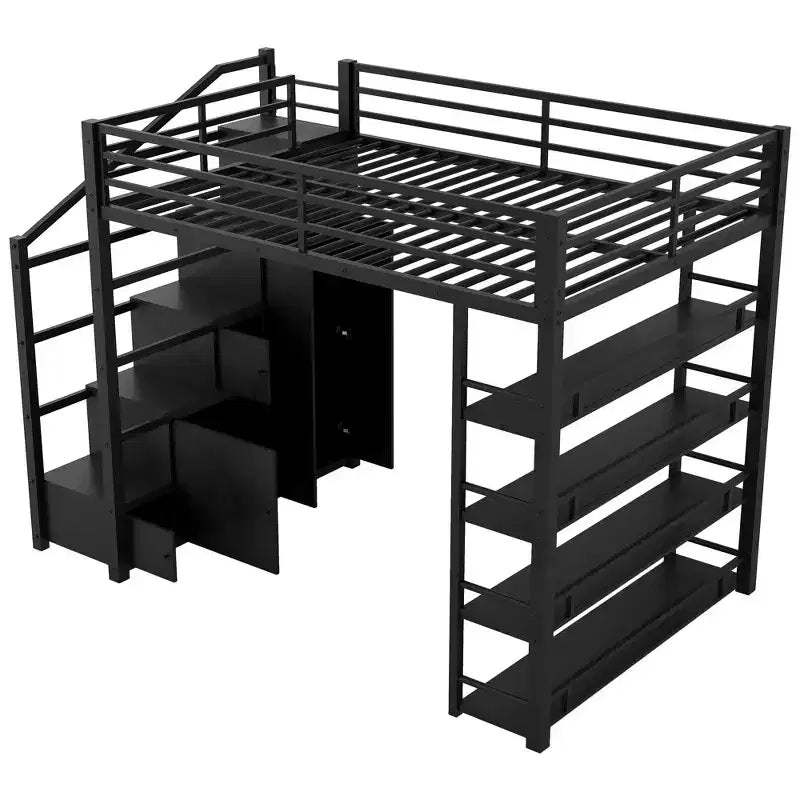 Lit mezzanine double avec étagères de rangement et armoires, cadre de lit mezzanine en métal avec escalier de rangement et armoire pour adolescents et adultes, noir