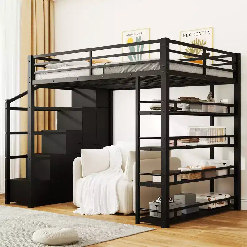 Lit mezzanine double avec étagères de rangement et armoires, cadre de lit mezzanine en métal avec escalier de rangement et armoire pour adolescents et adultes, noir