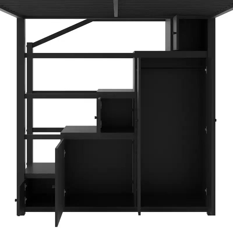 Lit mezzanine double avec étagères de rangement et armoires, cadre de lit mezzanine en métal avec escalier de rangement et armoire pour adolescents et adultes, noir