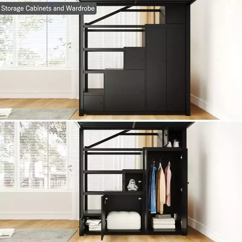 Lit mezzanine double avec étagères de rangement et armoires, cadre de lit mezzanine en métal avec escalier de rangement et armoire pour adolescents et adultes, noir