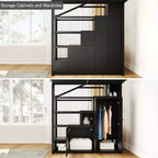 Lit mezzanine double avec étagères de rangement et armoires, cadre de lit mezzanine en métal avec escalier de rangement et armoire pour adolescents et adultes, noir
