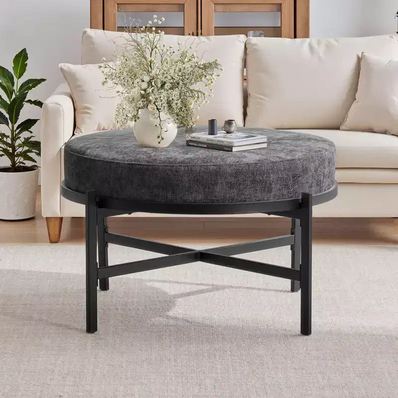 Ottoman de rangement rond 4,5, table basse et repose-pieds en tissu chenille pour salon avec pieds en métal et pieds réglables
