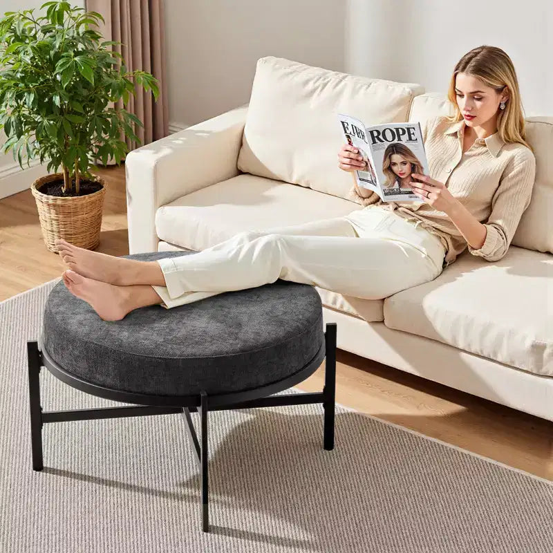 Ottoman de rangement rond 4,5, table basse et repose-pieds en tissu chenille pour salon avec pieds en métal et pieds réglables