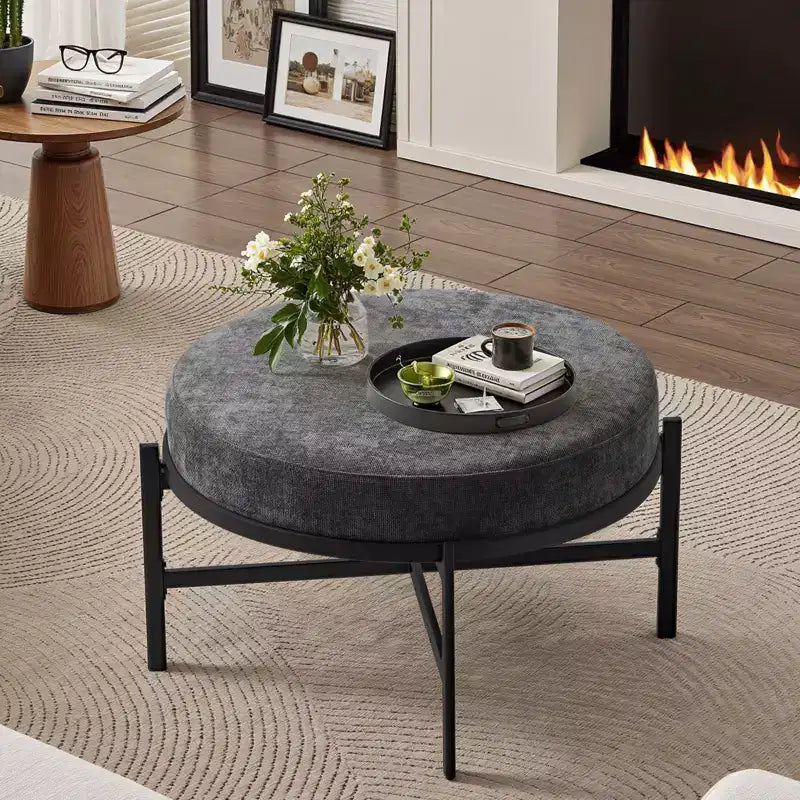 Bekrvio 4.5 Round Storage Ottoman, Chenille Fabric Coffee Table & Foot Rest for Living Room with Metal Legs & Adjustable Feet