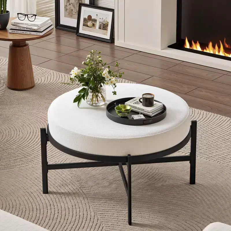 Ottoman de rangement rond 4,5, table basse et repose-pieds en tissu chenille pour salon avec pieds en métal et pieds réglables