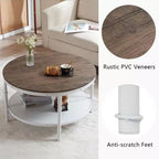30.71in Double-Layer Round Dark Walnut Black Vein MDF Panel, White Wrinkled Baked Iron Frame, Industrial Style Coffee Table