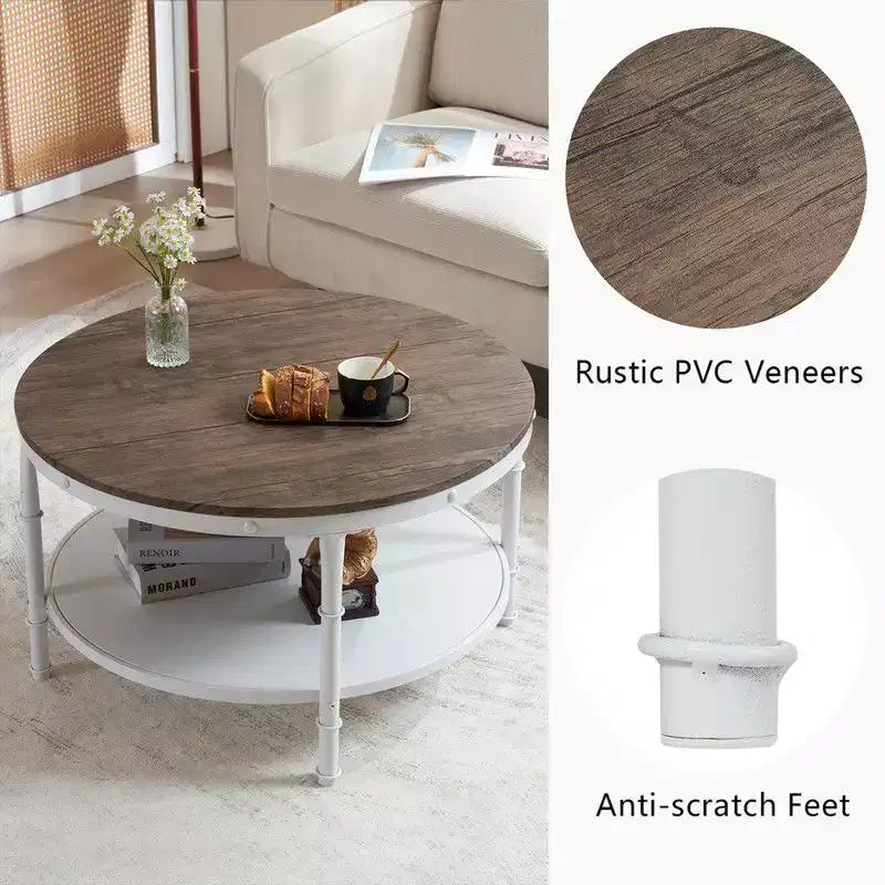 30.71in Double-Layer Round Dark Walnut Black Vein MDF Panel, White Wrinkled Baked Iron Frame, Industrial Style Coffee Table