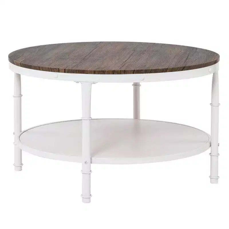 Table basse de style industriel avec panneau MDF rond à double couche de 78 cm en noyer foncé veiné noir, cadre en fer forgé blanc froissé