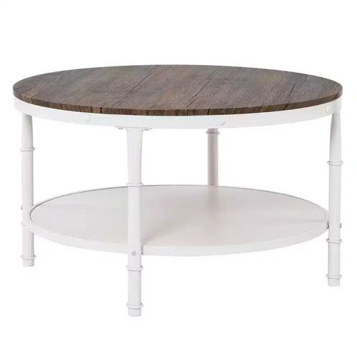 Table basse de style industriel avec panneau MDF rond à double couche de 78 cm en noyer foncé veiné noir, cadre en fer forgé blanc froissé