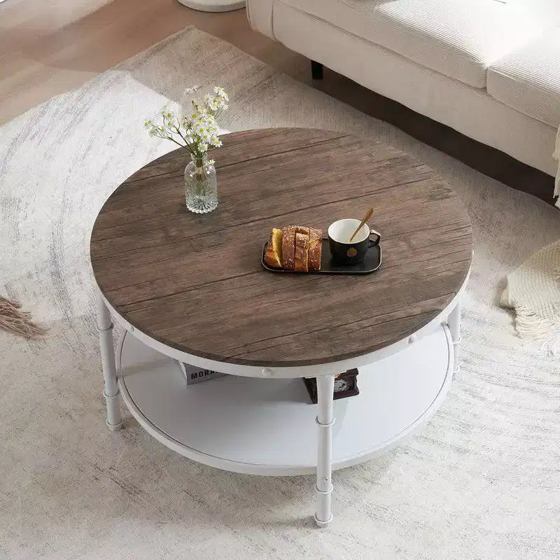 Table basse de style industriel avec panneau MDF rond à double couche de 78 cm en noyer foncé veiné noir, cadre en fer forgé blanc froissé