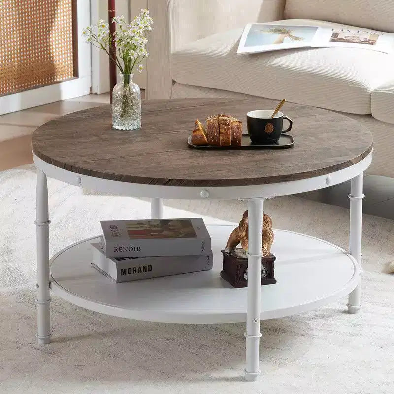 Table basse de style industriel avec panneau MDF rond à double couche de 78 cm en noyer foncé veiné noir, cadre en fer forgé blanc froissé