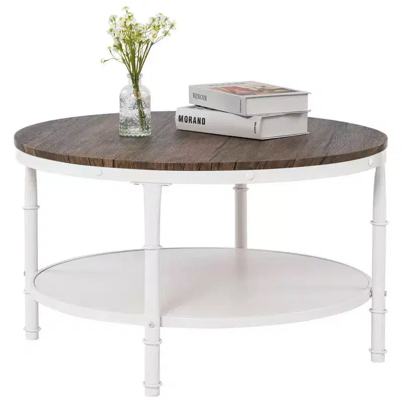 Table basse de style industriel avec panneau MDF rond à double couche de 78 cm en noyer foncé veiné noir, cadre en fer forgé blanc froissé