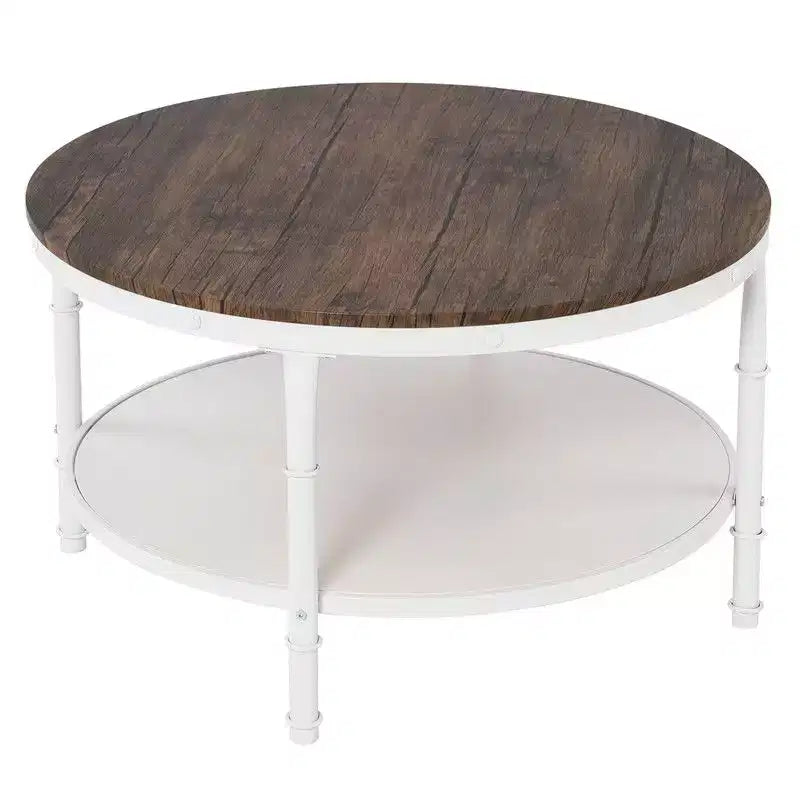 Table basse de style industriel avec panneau MDF rond à double couche de 78 cm en noyer foncé veiné noir, cadre en fer forgé blanc froissé