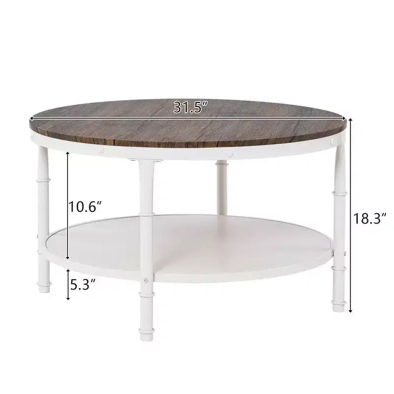 Table basse de style industriel avec panneau MDF rond à double couche de 78 cm en noyer foncé veiné noir, cadre en fer forgé blanc froissé