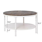 Table basse de style industriel avec panneau MDF rond à double couche de 78 cm en noyer foncé veiné noir, cadre en fer forgé blanc froissé