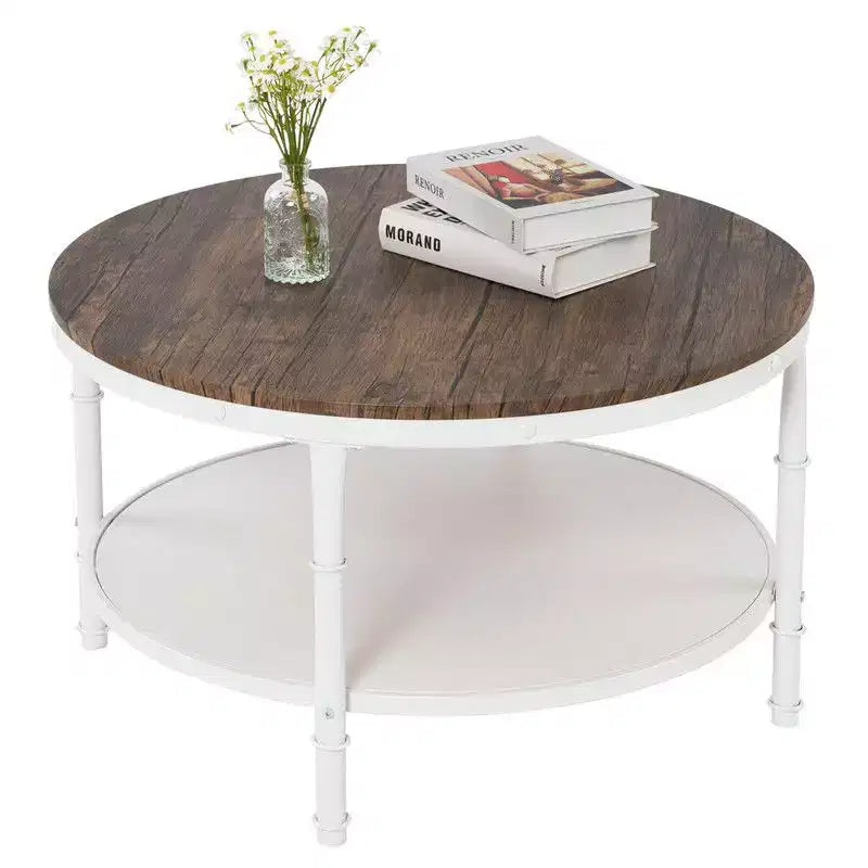 Table basse de style industriel avec panneau MDF rond à double couche de 78 cm en noyer foncé veiné noir, cadre en fer forgé blanc froissé